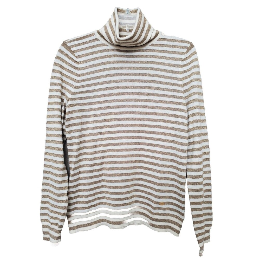 Lauren Ralph Lauren Petite Cream/Gold Shimmer Stripe Turtleneck Sweater Size PL